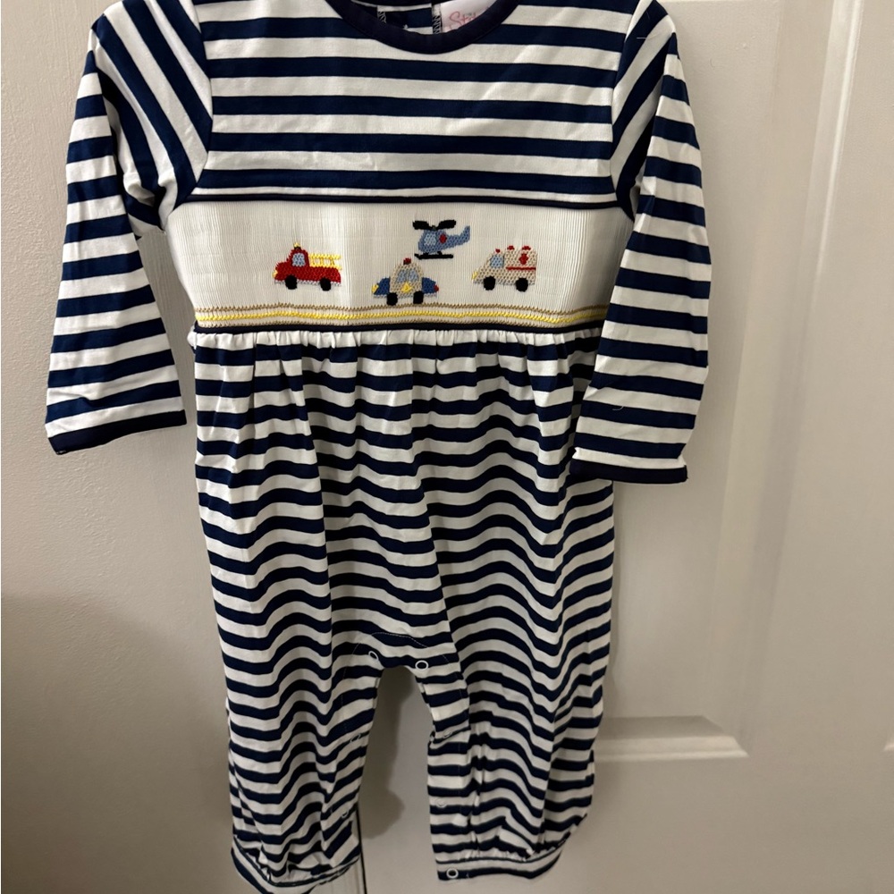Navy and White Striped Romper with Vehicle Embroidery